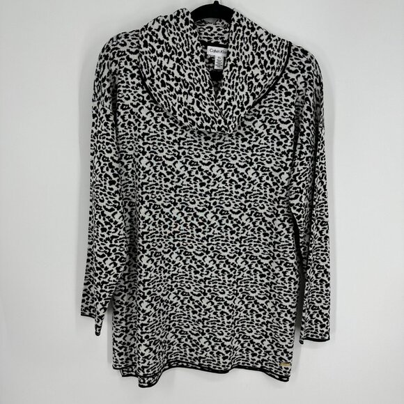 3/$25 Calvin Klein Snow Leopard Print Long Sweater L Cowl Neck Tunic Black White - Picture 1 of 8